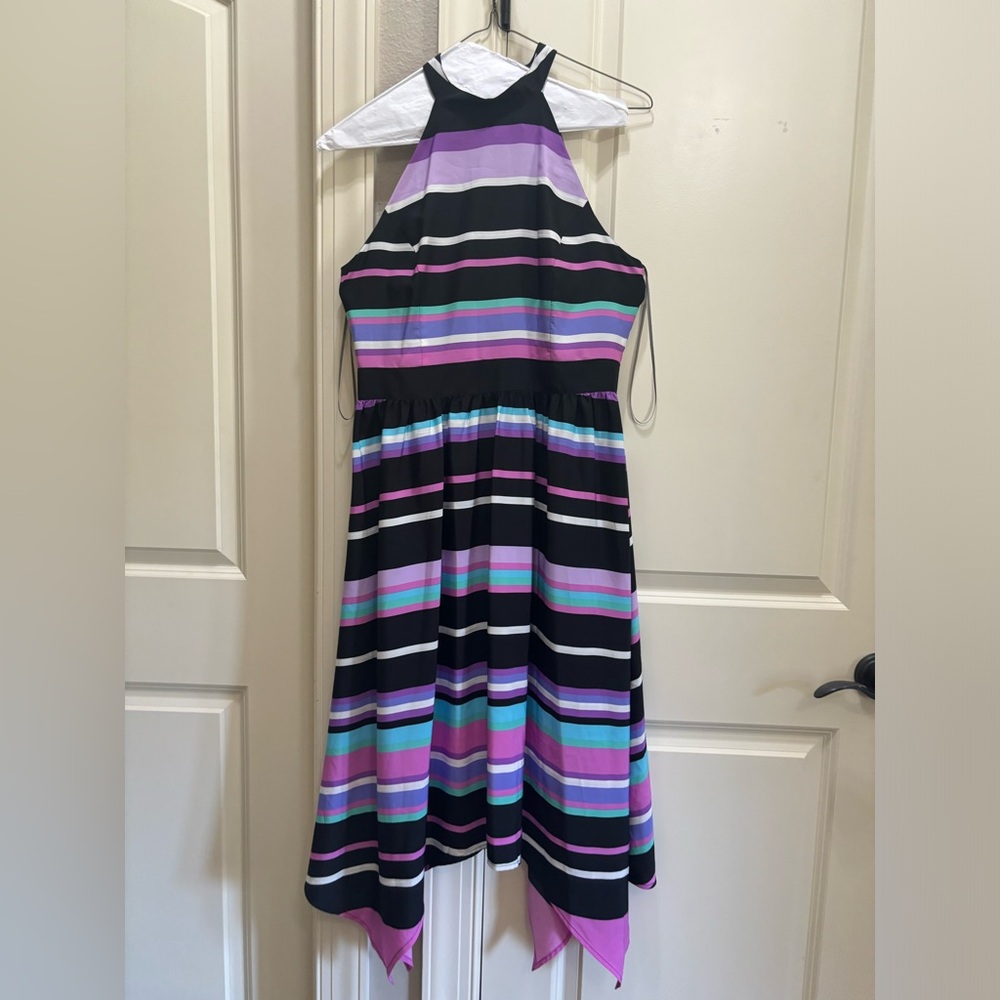 Muse dress. Black and purple stripes. Handkerchief bottom. Size 8